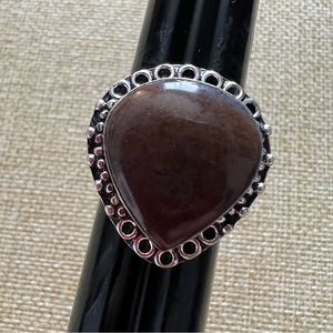 New Bloodstone Teardrop Silver Overlay Ring w Decorative Band Size 8